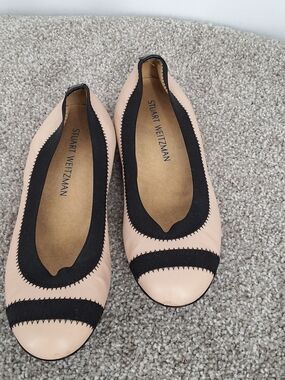 Stuart Weitzman Sz 5.5 Womens Pink Leather Ballet Flats with Black Trim